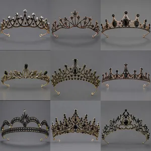 Collection of nine gothic black rhinestone crowns and alloy tiaras for party wear