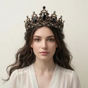 Close-up of a vintage black rhinestone crown worn by a model for styling