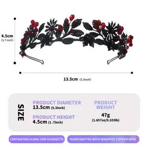 Detailed size and weight specifications for dark floral vine tiara with red crystals