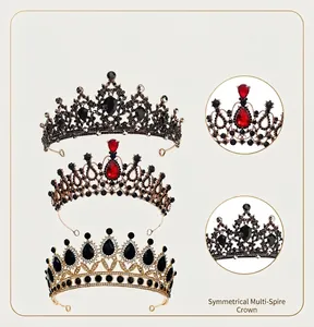 Detailed view of various dark vintage alloy crowns with black and red rhinestones for parties.