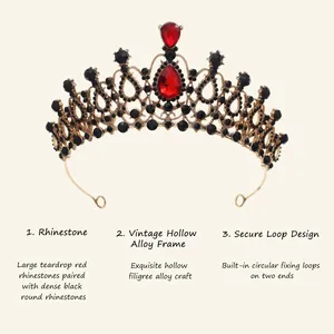 Detail showing teardrop red rhinestones and vintage hollow alloy frame on a gothic crown.