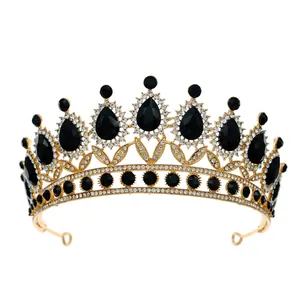 Elegant vintage gold crown with black teardrop crystals for Gothic Halloween parties.