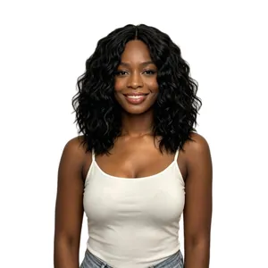 Perruque synthétique ondulée noire mi-longue pour un look naturel et volumineux
