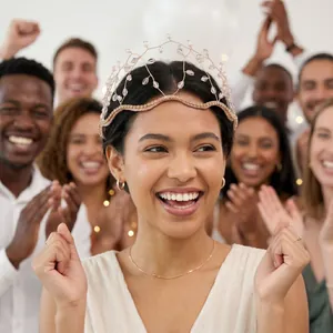 Corona da sposa fatta a mano con perle di cristallo su una sposa che festeggia qui.