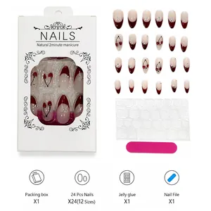 Glossy almond press-on nails set with dark red French tips and cherry rhinestone designs