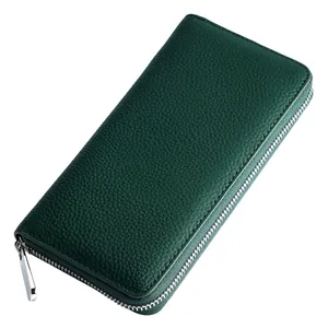 Dark green pebbled genuine leather long wallet clutch with silver zipper closure