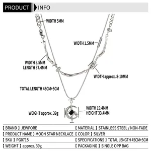 Collier double couche étoile et lune en acier titane de haute qualité pour femme.