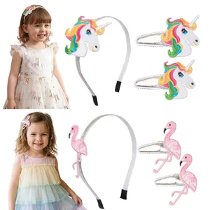 Fermagli per Capelli e Fasce in Tessuto Ricamati Unicorno Fenicottero per Bambini Accessorio per Capelli Glitter Argento