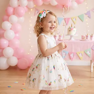 Bambina con fascia per capelli ricamata unicorno e abito in tulle bianco per compleanno
