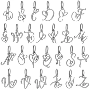 Set of 26 stainless steel alphabet pendants with heart design in cursive style