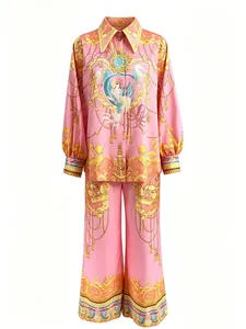 Elegant pink baroque print two-piece set featuring long-sleeve shirt and wide-leg pants