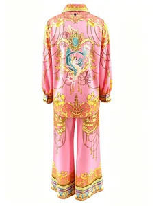 Pink baroque print two-piece pajama set with unicorn and gold chain details