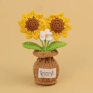 Handmade crochet sunflower and daisy flower pot ornament for warm home desktop decoration