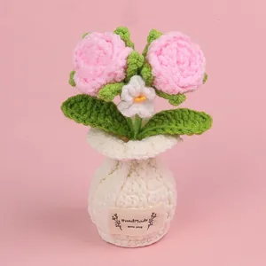 Handmade pink crochet rose bouquet in white knit vase ornament