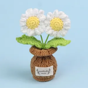 Handmade crochet white daisy flower pot decoration for desk and home shelf decor