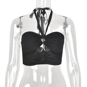 Fashionable black halter neck hollow-out tube top for women, sleek cropped design