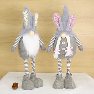 Pair of cute standing grey Easter bunny gnome plush dolls for festive home decoration