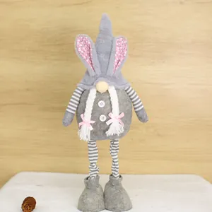 Cute standing Easter rabbit gnome doll with grey felt body and braids for home decoration