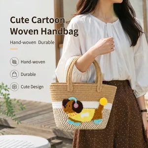 Cartoon Dog Embroidery Cotton Rope Woven Tote Bag For Women Large Capacity Beach Vacation Handbag Sweet Marshmallow Style