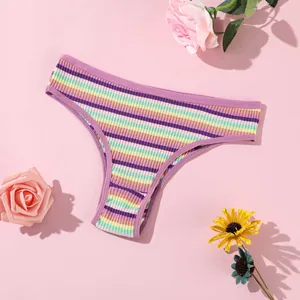 Rainbow striped ribbed cotton panties with soft purple trim on pink floral background