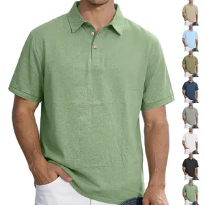 Close-up of a men's breathable linen polo shirt with a display of eight available colors