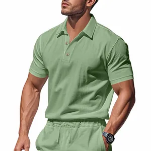 Men's light green short sleeve linen polo shirt showing texture and button detail