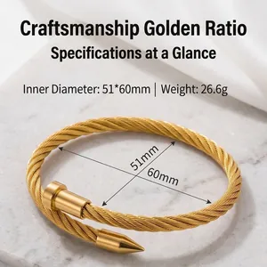 Gold-plated stainless steel twisted wire nail bracelet with 51x60mm inner diameter.