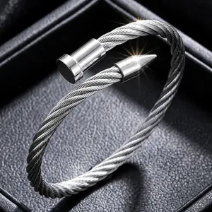 Elegant silver stainless steel twisted cable nail cuff bracelet with a high-polished finish