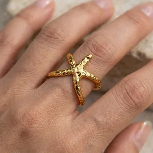 Anello Aperto Stella Marina Astratto Acciaio Inossidabile Placcato Oro Trama Martellata Gioielli Donne