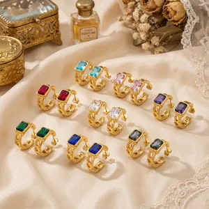 Vintage gold plated stainless steel hoop earrings with colorful rectangular zircons