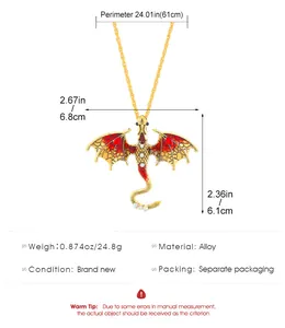 Gothic dragon necklace detail view with dimensions and material specifications
