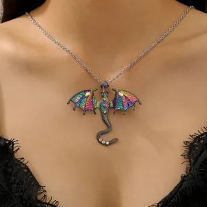 Vintage gothic iridescent dragon necklace for women featuring sparkling rhinestones.