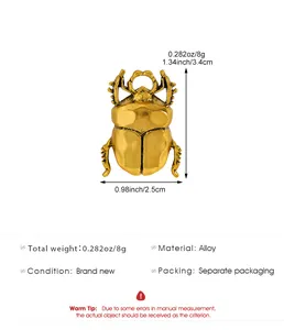 Detailed size and material specifications infographic for a vintage gold beetle ring