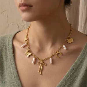 18K Gold Plated Stainless Steel Butterfly Artificial Pearl Pendant Necklace Light Luxury Retro Holiday Jewelry For Women