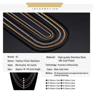 Detail view showing sizes and materials of stainless steel Cuban link necklaces