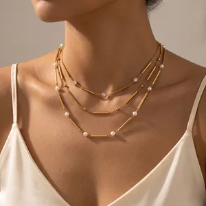 Collar Con Colgante de Nudo de Bambú de Acero Inoxidable de Lujo Para Mujer Chapado en Oro Strass Perla Artificial Joyería