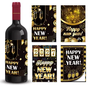 Neujahr Wein Flaschen Aufkleber Papier Etiketten Schwarz Gold Feuerwerk Party Dekoration Festliche Ornamente