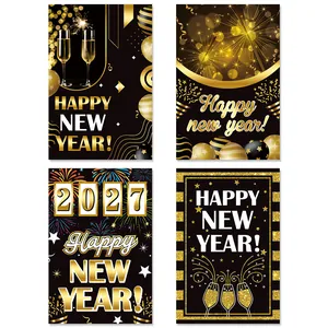 Elegante Happy New Year 2027 Weinaufkleber in Schwarz und Gold für Silvesterpartys
