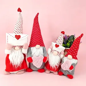 Front view of four Valentine's Day faceless gnome plush dolls with heart decorations