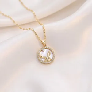 Elegant gold titanium steel necklace with zircon-encrusted bunny shell pendant