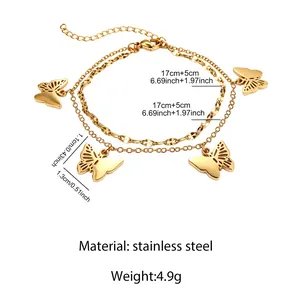 Gold stainless steel double-layer bracelet with hollow butterfly charms and size specs