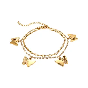 Detail of elegant gold hollow butterfly pendant stainless steel double-layer chain bracelet
