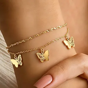 Stainless Steel Double Layer Butterfly Anklet Hollow Pendant Bohemian Summer Beach Foot Jewelry For Women