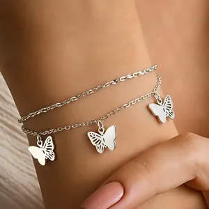 Minimalist stainless steel double-layer bracelet with three hollow butterfly charms