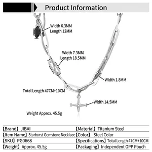 Titanium steel necklace with star pendant and black stone, detailed dimensioned view