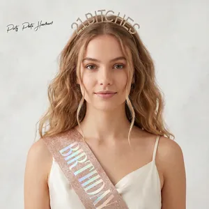 Model wearing a 21 BITCHES rhinestone headband and BIRTHDAY sash for party celebrations