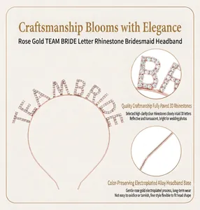 Detailed macro view of rose gold TEAM BRIDE rhinestone headband for bridal shower
