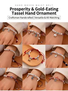 Close-up detail of handmade New Chinese style woven bracelets with lucky silver charms