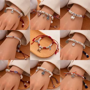 Handmade Braided Rope Bracelet Alloy Beads Adjustable Lucky Fortune Cat Pendant Chinese Style Jewelry For Women