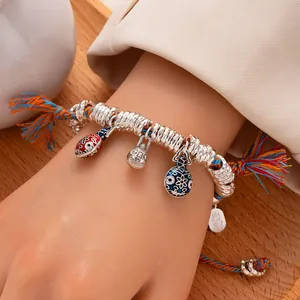 New Chinese style silver bead bracelet with handmade woven rope and adjustable charms